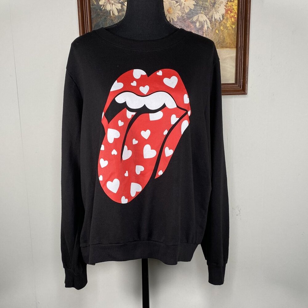 Rolling Stones Sweater Top Women's XL Black Hot Lips Logo Graphic Casual